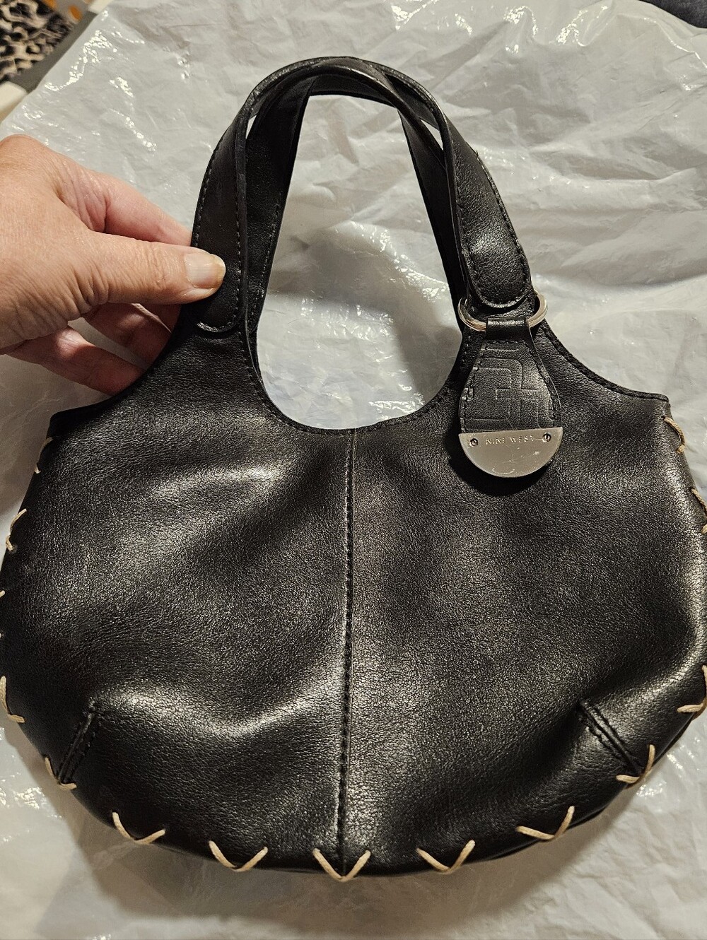 9 West Black Leather Hobo with Cream Whipstitch Trim